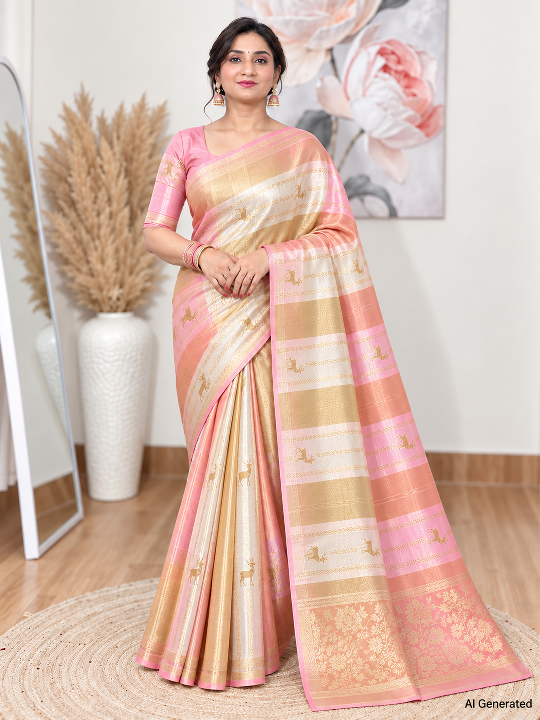 Soft Silk Pink and Gold Banarasi Saree – Luxe Festive Royal Elegance (One Size)