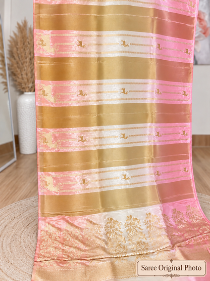 Soft Silk Pink and Gold Banarasi Saree – Luxe Festive Royal Elegance (One Size)