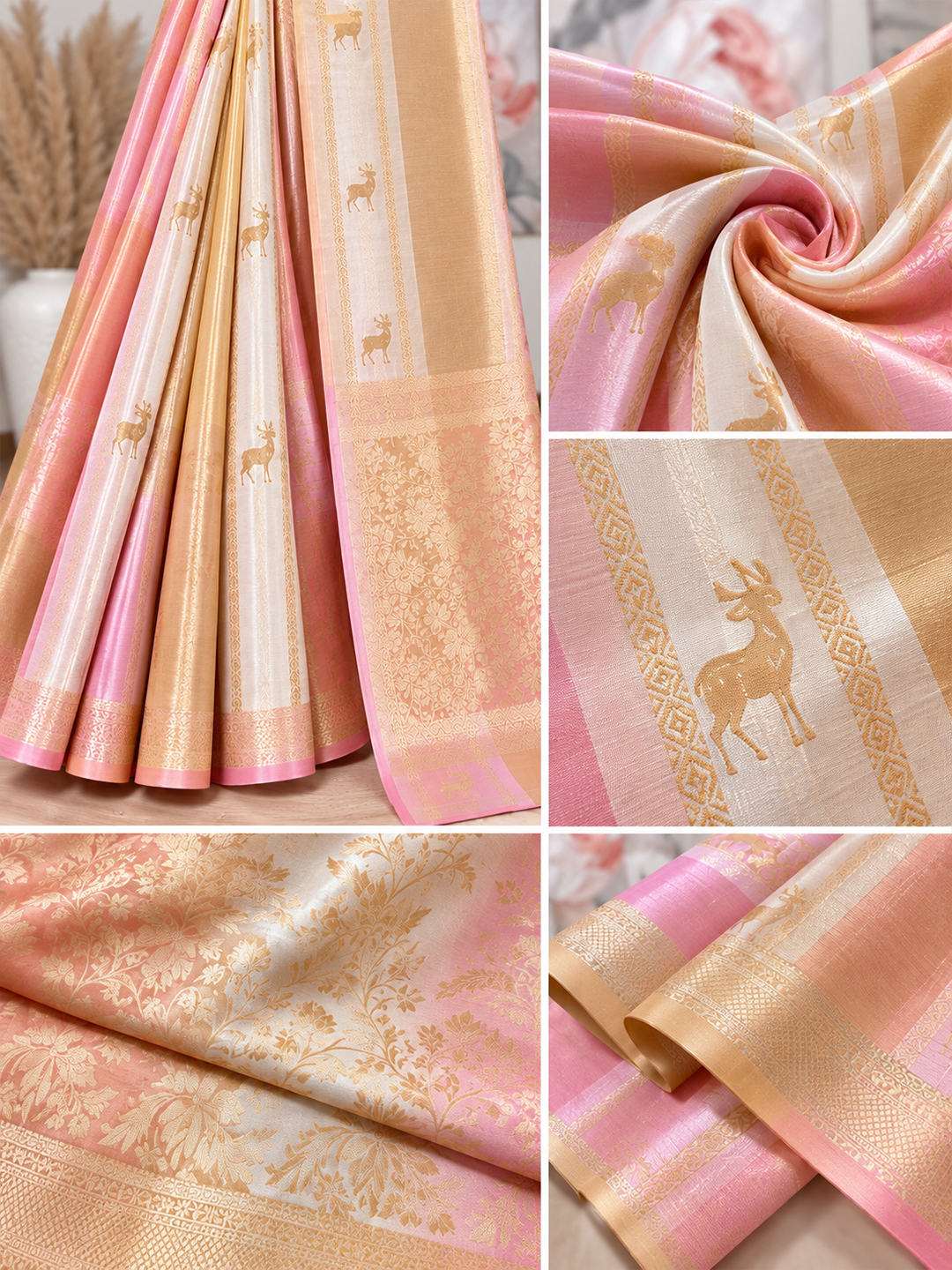 Soft Silk Pink and Gold Banarasi Saree – Luxe Festive Royal Elegance (One Size)