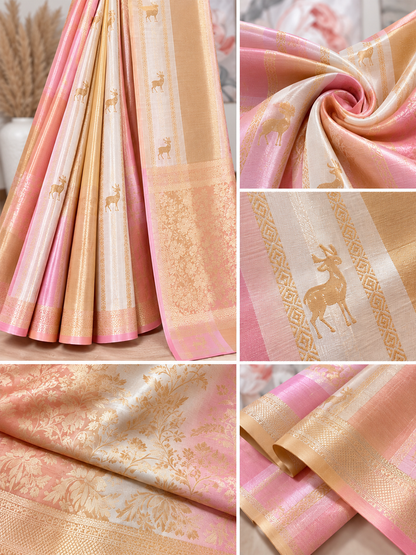 Soft Silk Pink and Gold Banarasi Saree – Luxe Festive Royal Elegance (One Size)