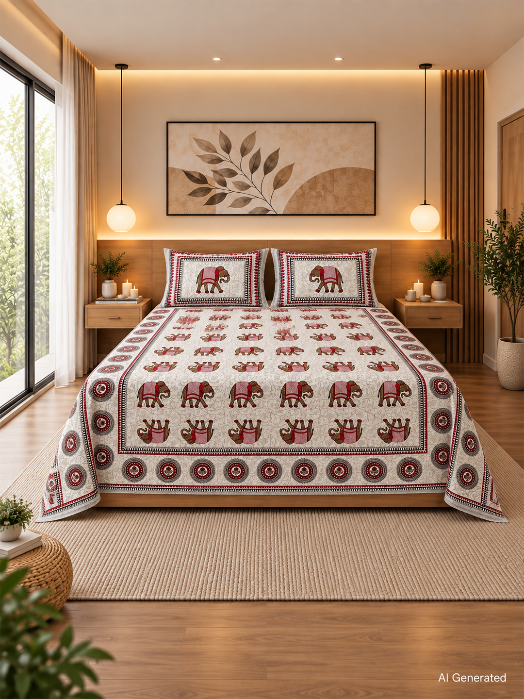 Cotton Rajasthani Elephant Print Bedsheet (93×108 inches) with Pillow Covers