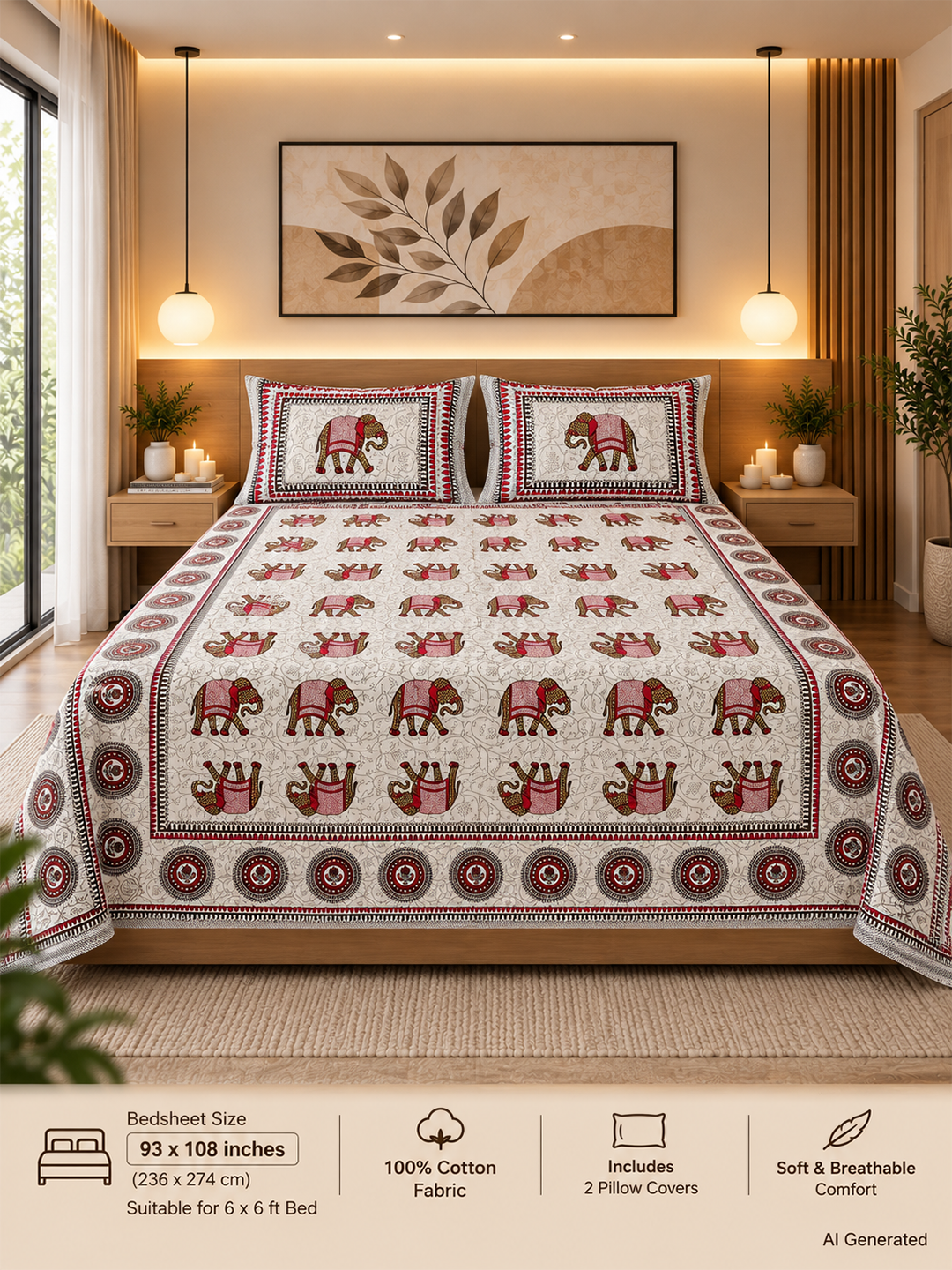 Cotton Rajasthani Elephant Print Bedsheet (93×108 inches) with Pillow Covers