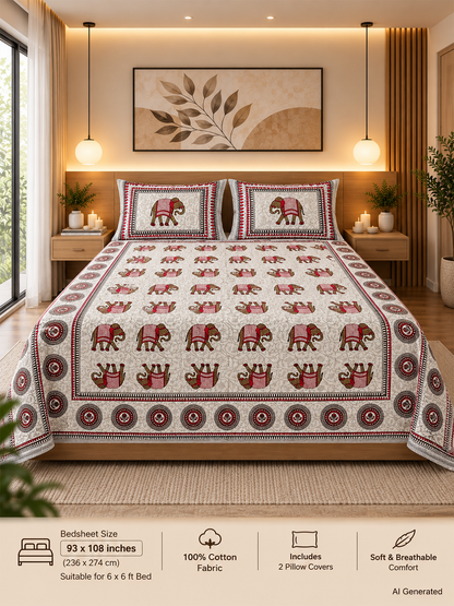 Cotton Rajasthani Elephant Print Bedsheet (93×108 inches) with Pillow Covers