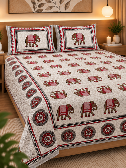 Cotton Rajasthani Elephant Print Bedsheet (93×108 inches) with Pillow Covers