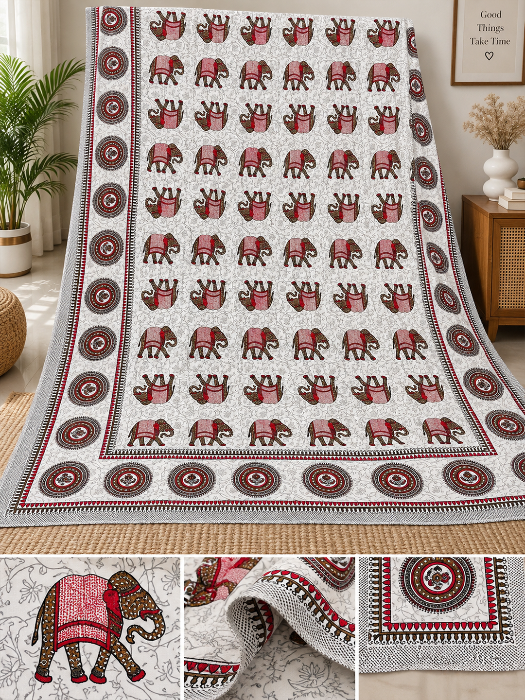 Cotton Rajasthani Elephant Print Bedsheet (93×108 inches) with Pillow Covers