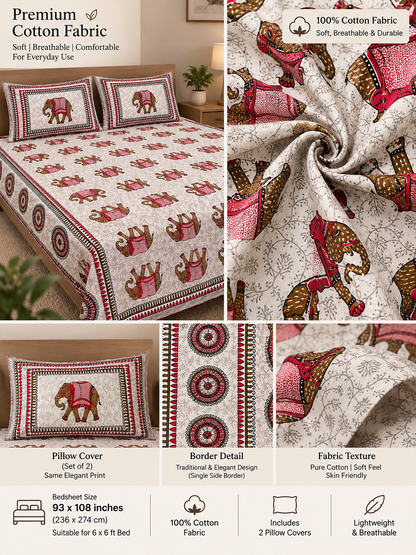 Cotton Rajasthani Elephant Print Bedsheet (93×108 inches) with Pillow Covers