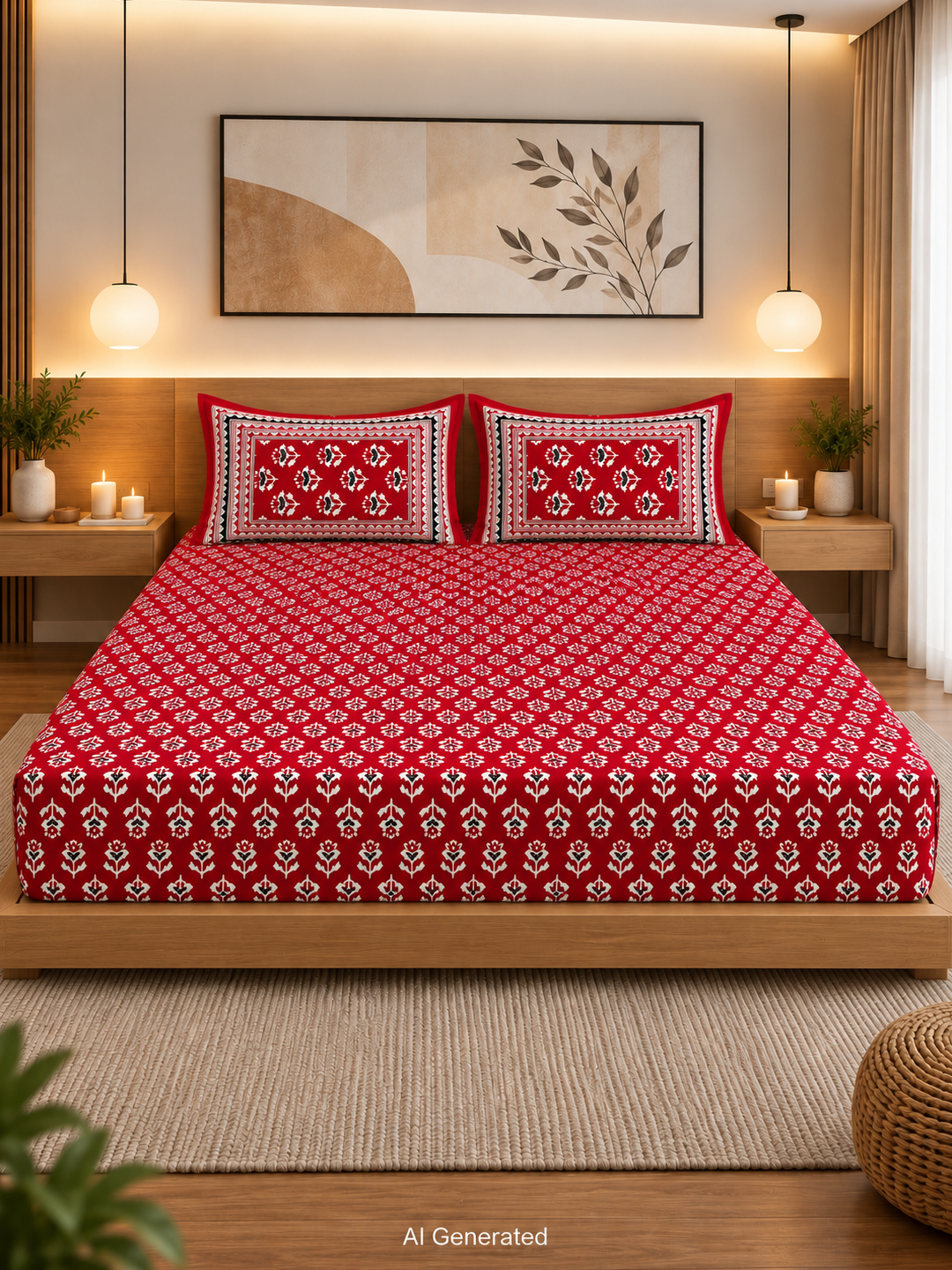 Cotton Red Floral Block Print Bedsheet (93×108 in) with Pillow Covers
