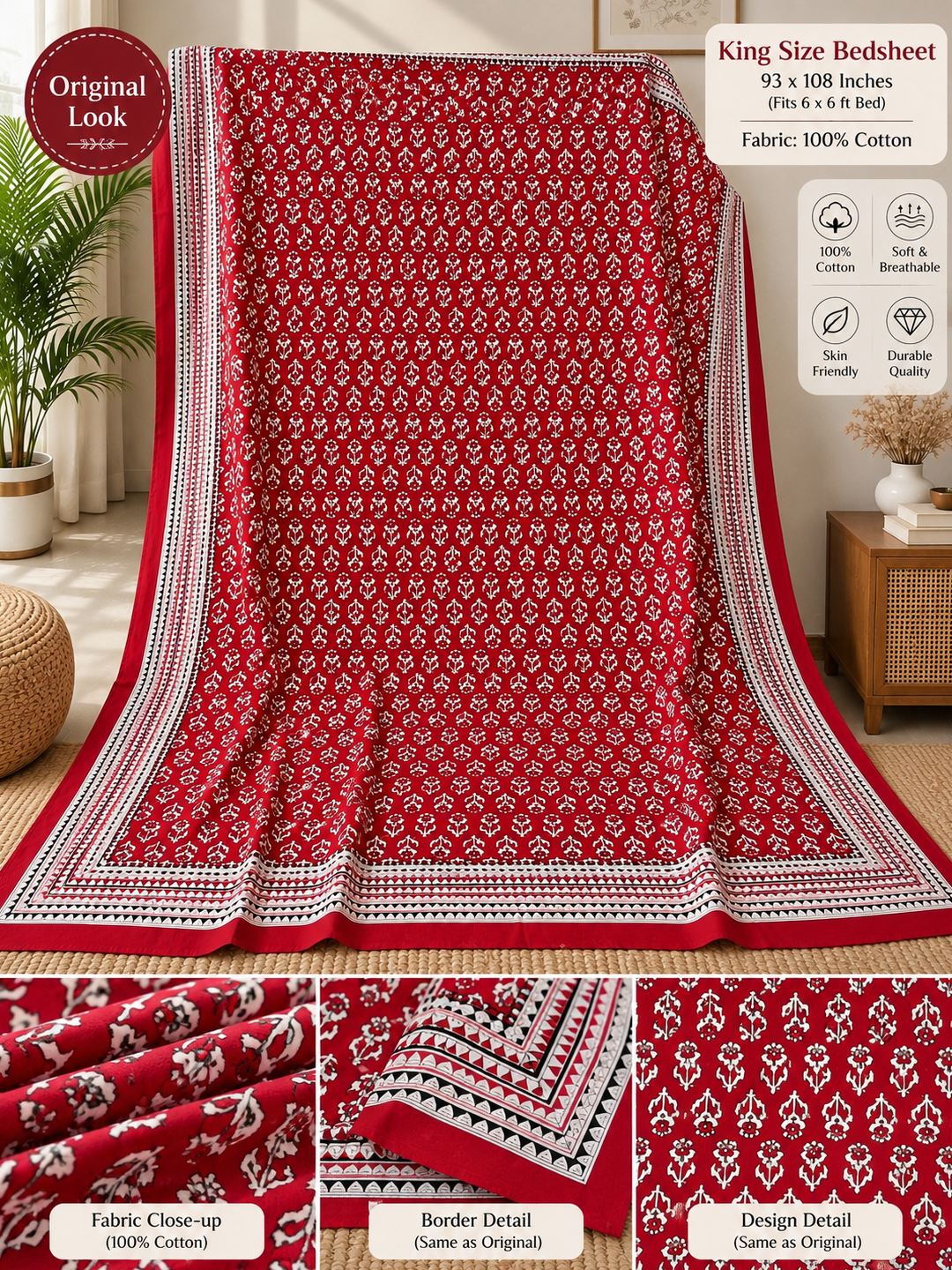 Cotton Red Floral Block Print Bedsheet (93×108 in) with Pillow Covers