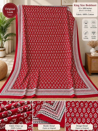 Cotton Red Floral Block Print Bedsheet (93×108 in) with Pillow Covers