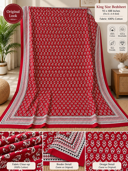 Cotton Red Floral Block Print Bedsheet (93×108 in) with Pillow Covers