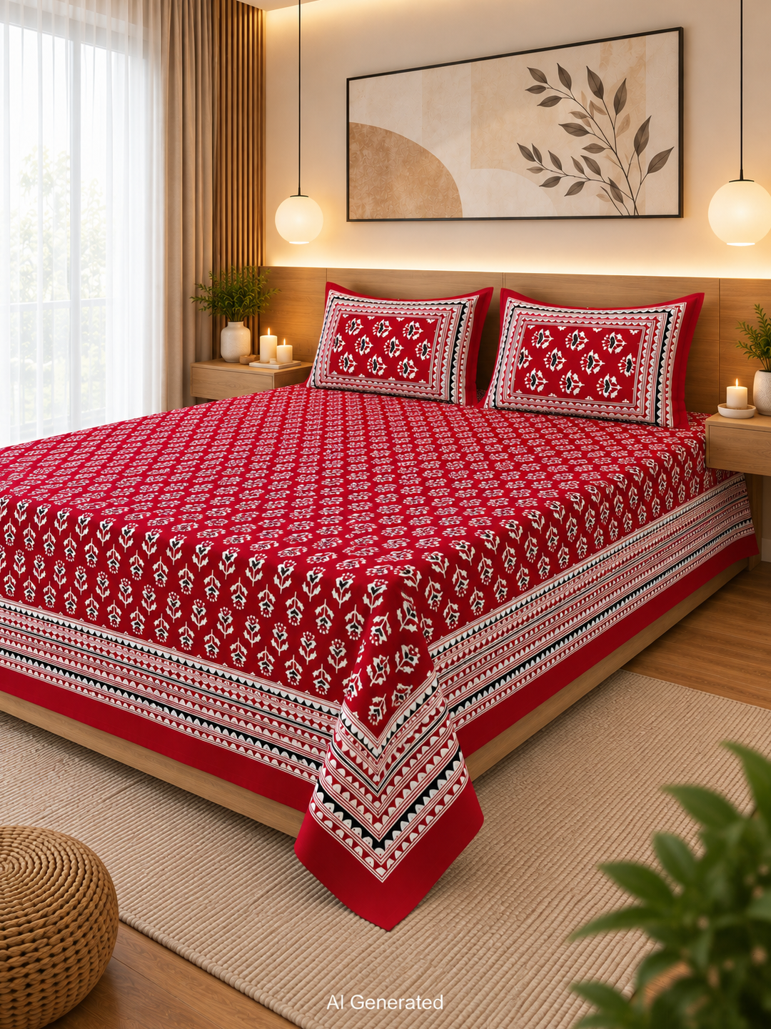 Cotton Red Floral Block Print Bedsheet (93×108 in) with Pillow Covers