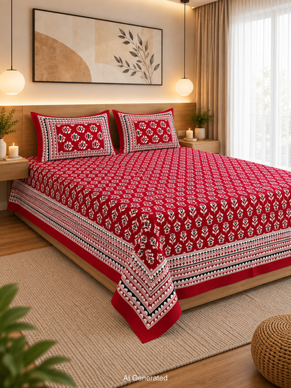Cotton Red Floral Block Print Bedsheet (93×108 in) with Pillow Covers