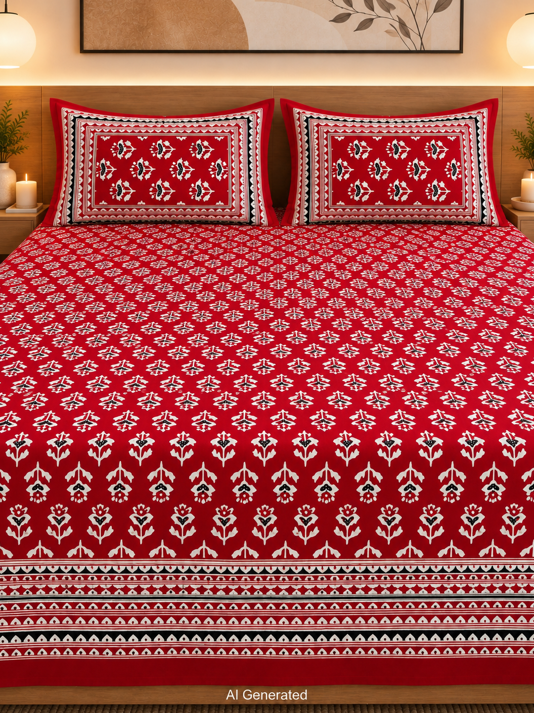 Cotton Red Floral Block Print Bedsheet (93×108 in) with Pillow Covers
