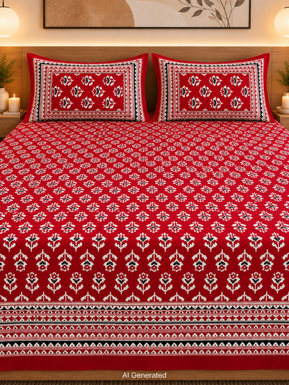 Cotton Red Floral Block Print Bedsheet (93×108 in) with Pillow Covers