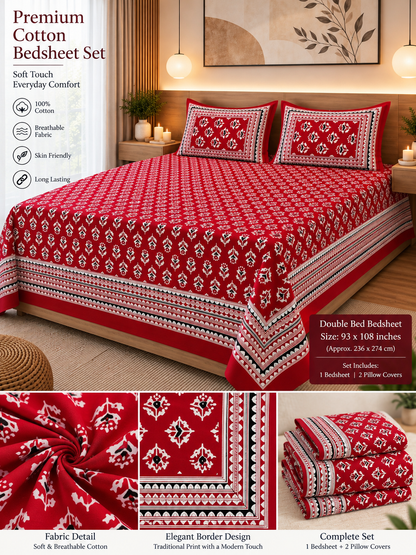 Cotton Red Floral Block Print Bedsheet (93×108 in) with Pillow Covers