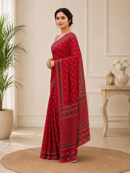 Red Ajrakh Style Cotton Saree – Artisanal Heritage Elegance (One Size)