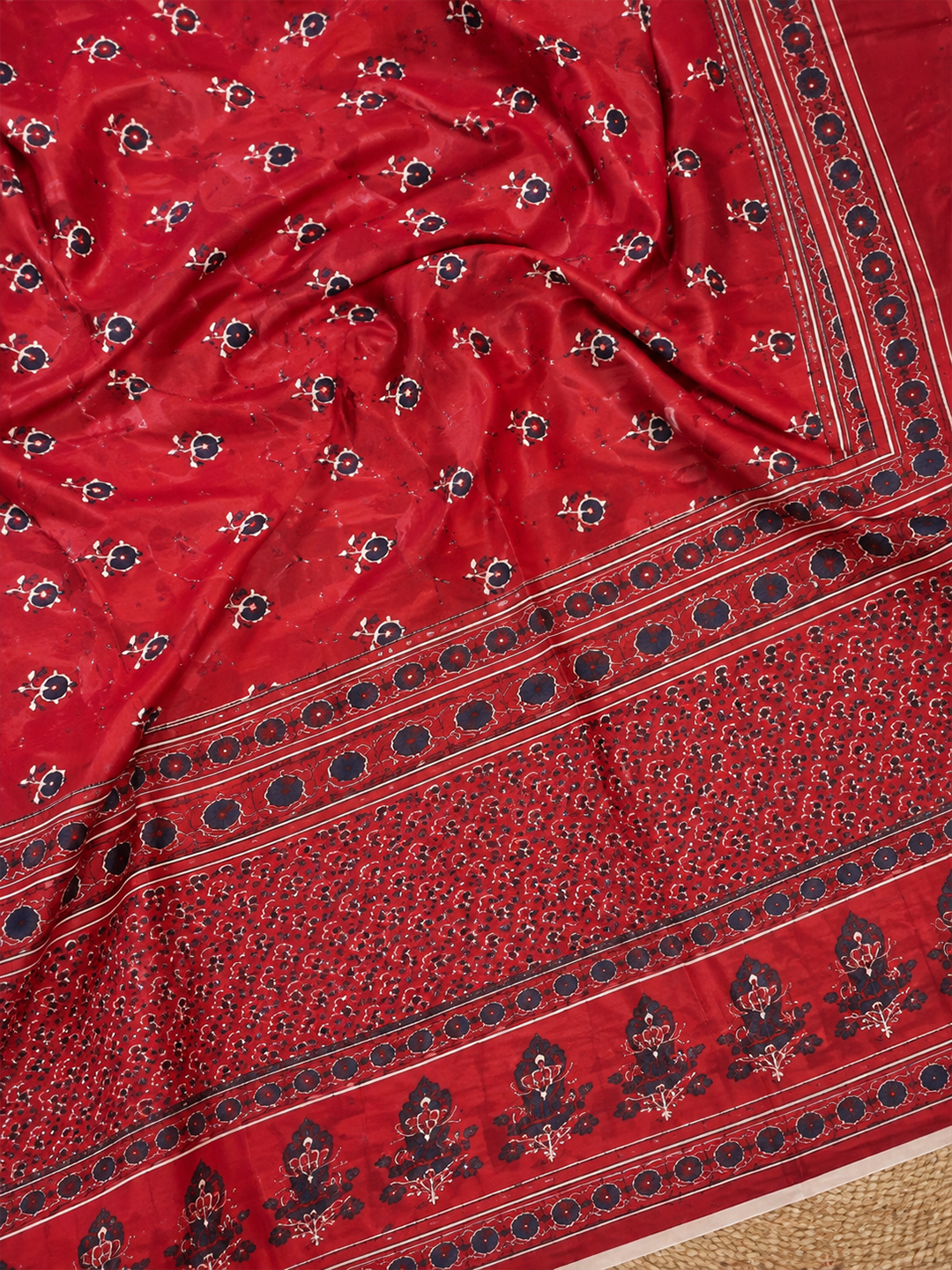 Red Ajrakh Style Cotton Saree – Artisanal Heritage Elegance (One Size)