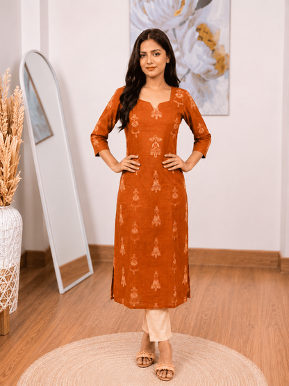 Cotton Rust Orange Long Kurti – Earthy Warm Elegance (S–5XL)(Only Kurti)