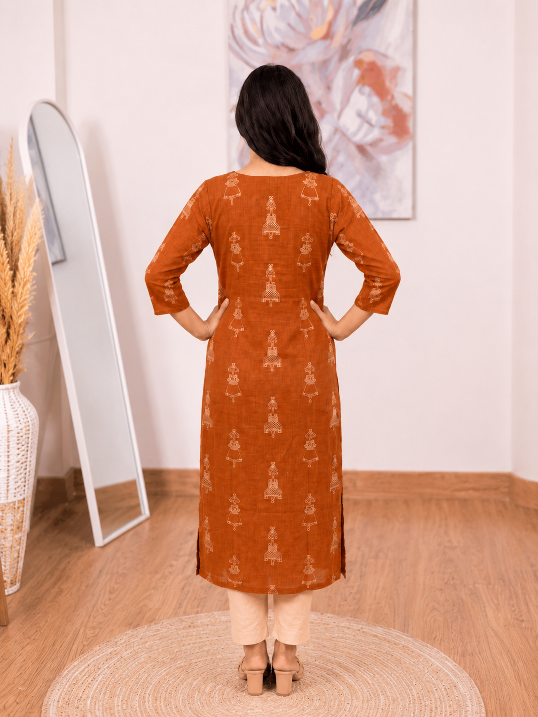 Cotton Rust Orange Long Kurti – Earthy Warm Elegance (S–5XL)(Only Kurti)
