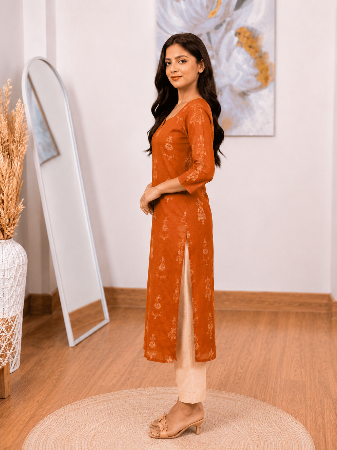 Cotton Rust Orange Long Kurti – Earthy Warm Elegance (S–5XL)(Only Kurti)
