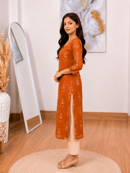 Cotton Rust Orange Long Kurti – Earthy Warm Elegance (S–5XL)(Only Kurti)