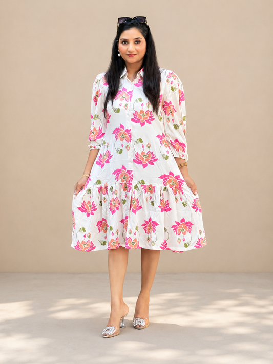 Floral Off-White Dress – Rayon Cotton Garden-Party Dress