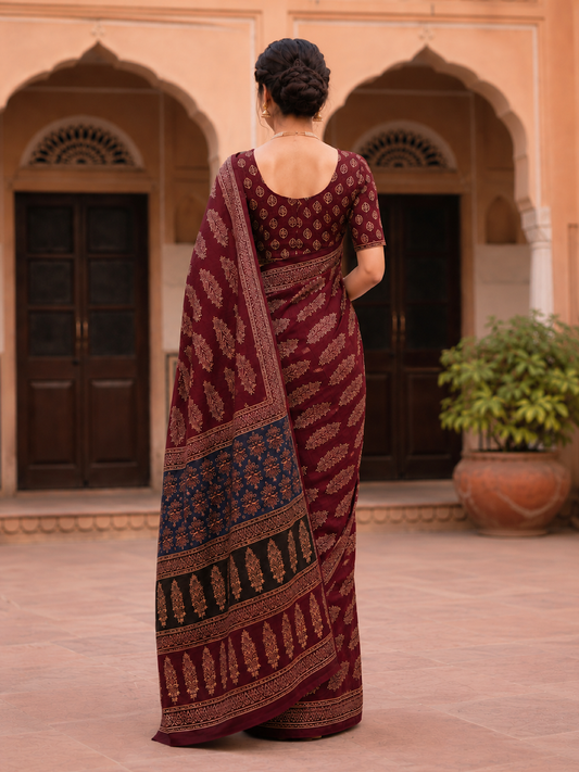 Cotton Leaf Print Wine Saree – Botanical Natural Elegance (One Size)