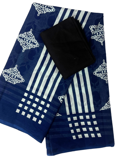 Cotton Classic Navy Block Saree – Timeless Artisanal Elegance (One Size)