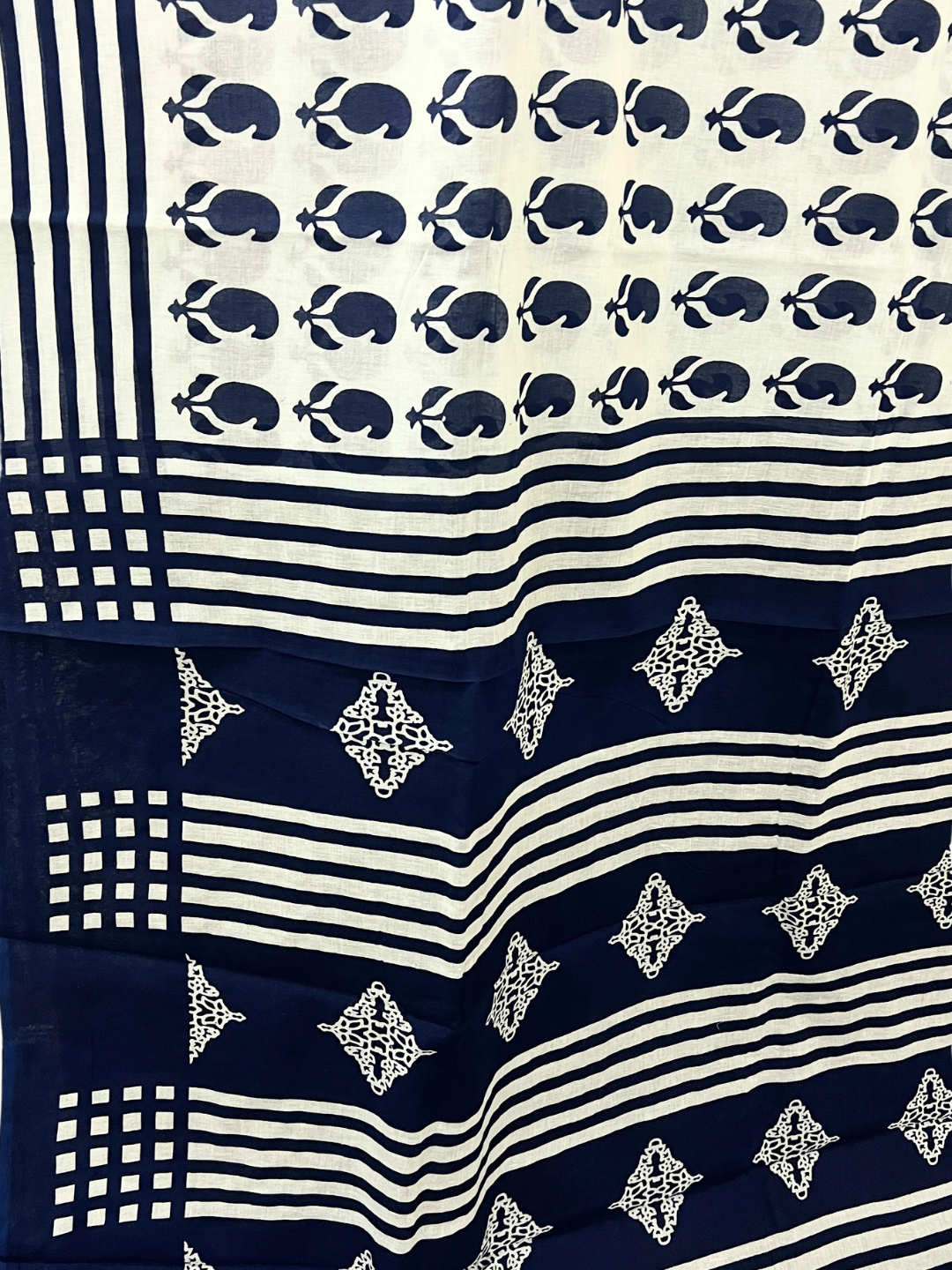 Cotton Classic Navy Block Saree – Timeless Artisanal Elegance (One Size)