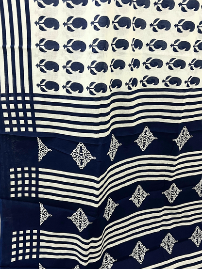 Cotton Classic Navy Block Saree – Timeless Artisanal Elegance (One Size)