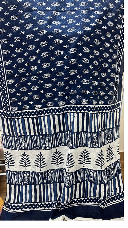Cotton Classic Indigo Block Print Saree – Timeless Artisanal Elegance (One Size)