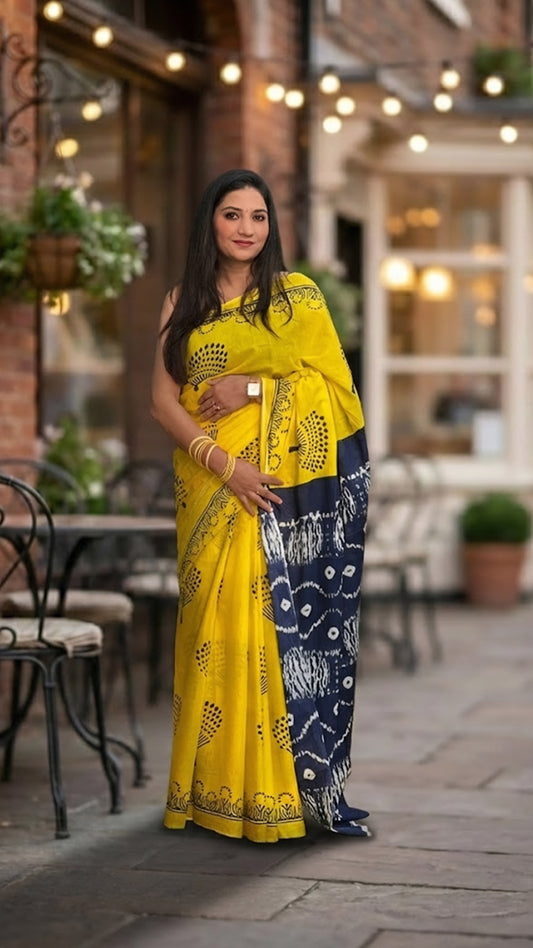 Yellow Mal Cotton Saree – Soft Tie-Dye Pallu Sunshine Drape