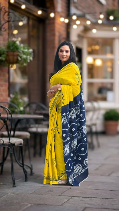 Yellow Mal Cotton Saree – Soft Tie-Dye Pallu Sunshine Drape