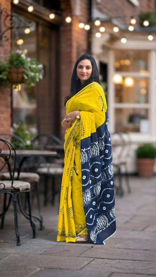 Yellow Mal Cotton Saree – Soft Tie-Dye Pallu Sunshine Drape