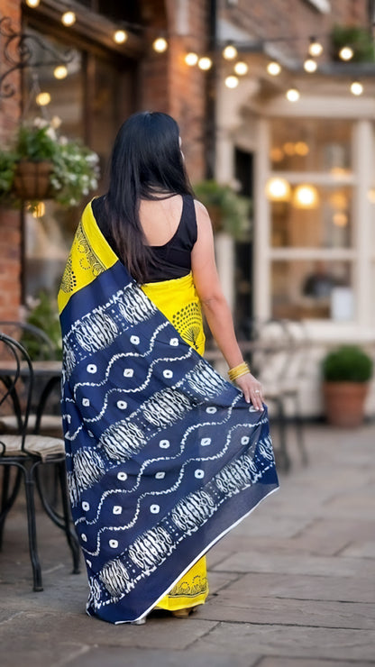 Yellow Mal Cotton Saree – Soft Tie-Dye Pallu Sunshine Drape