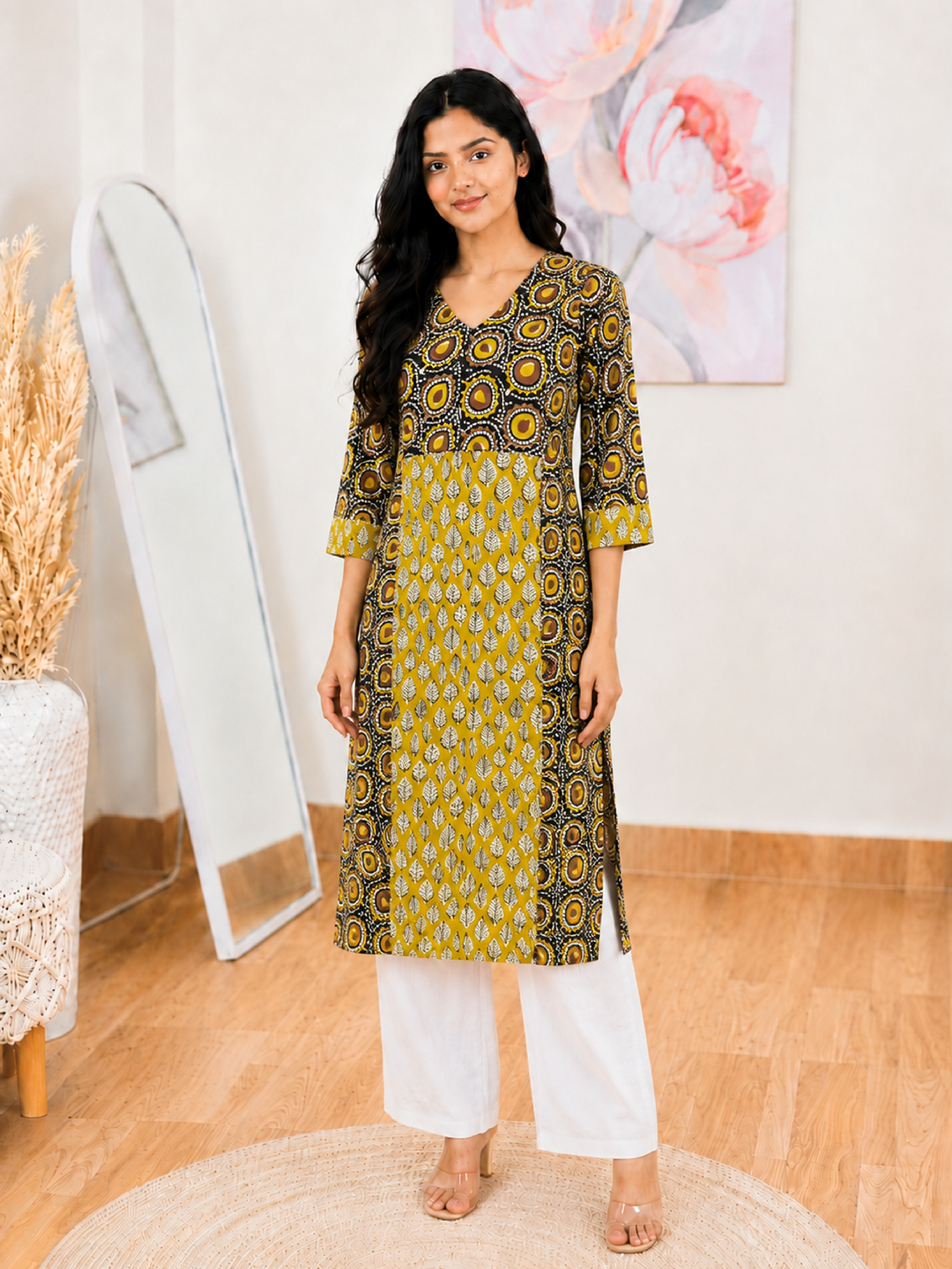 Cotton Black Mustard Hand Block Kurti – Artisanal Earthy Elegance (S–5XL)(Only Kurti)