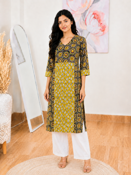 Cotton Black Mustard Hand Block Kurti – Artisanal Earthy Elegance (S–5XL)(Only Kurti)