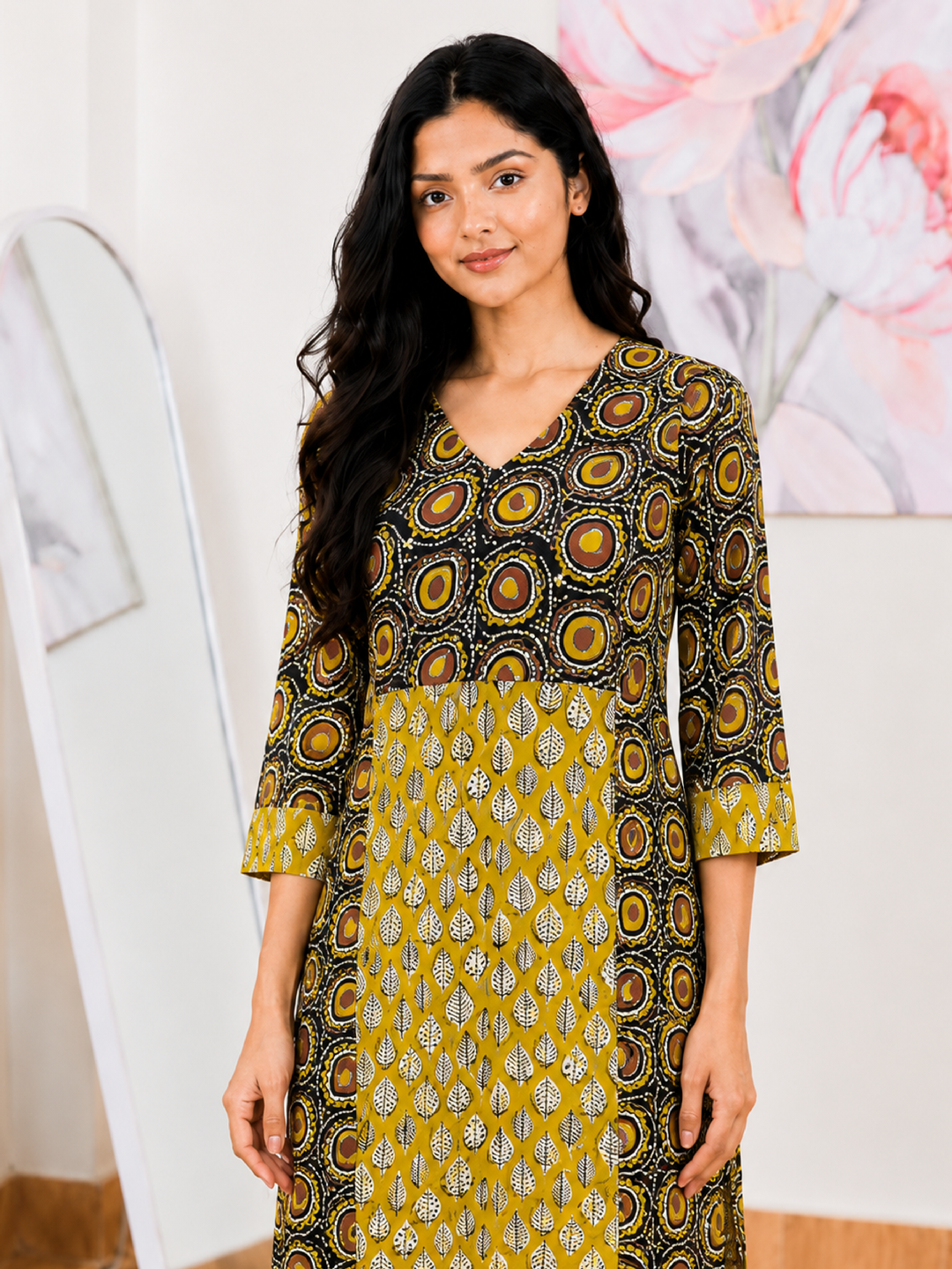 Cotton Black Mustard Hand Block Kurti – Artisanal Earthy Elegance (S–5XL)(Only Kurti)