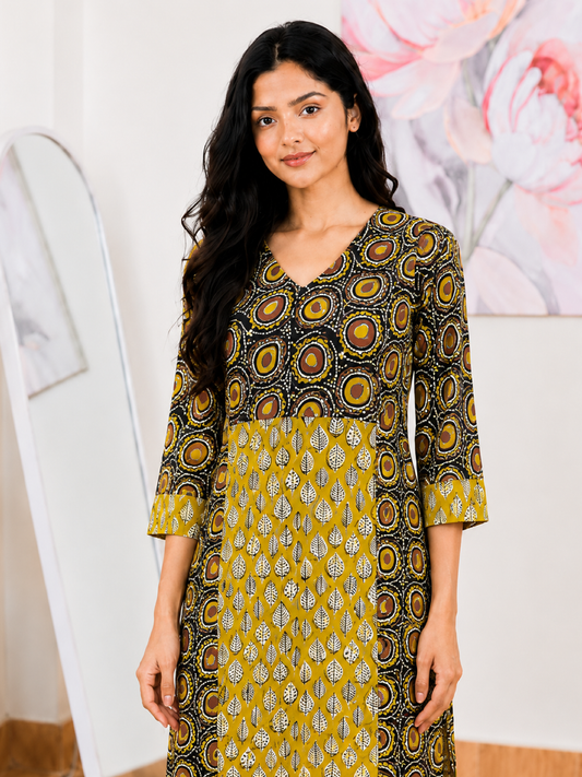 Cotton Black Mustard Hand Block Kurti – Artisanal Earthy Elegance (S–5XL)(Only Kurti)