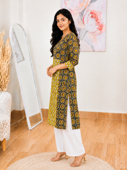 Cotton Black Mustard Hand Block Kurti – Artisanal Earthy Elegance (S–5XL)(Only Kurti)