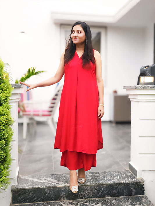 Rayon Sleeveless Kurta Palazzo Set in Red – Comfortable Everyday Ethnic (S–5XL)