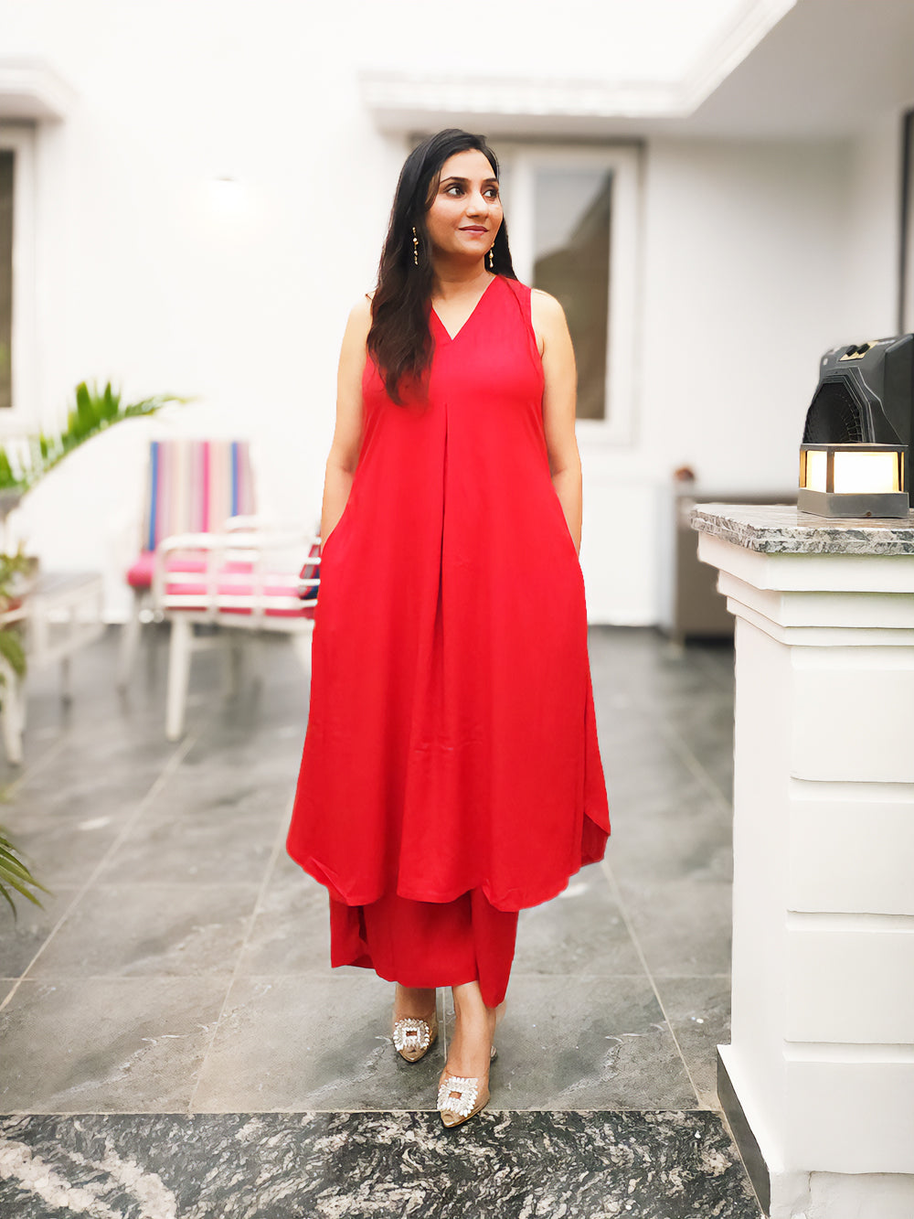 Rayon Sleeveless Kurta Palazzo Set in Red – Comfortable Everyday Ethnic (S–5XL)