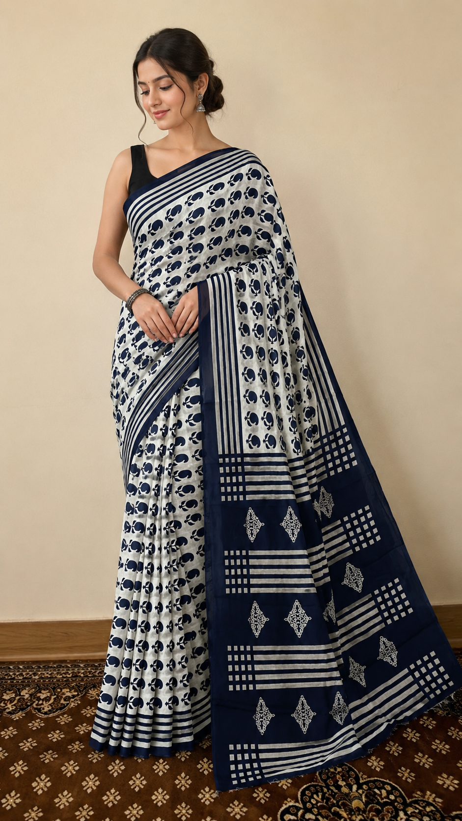 Cotton Classic Navy Block Saree – Timeless Artisanal Elegance (One Size)