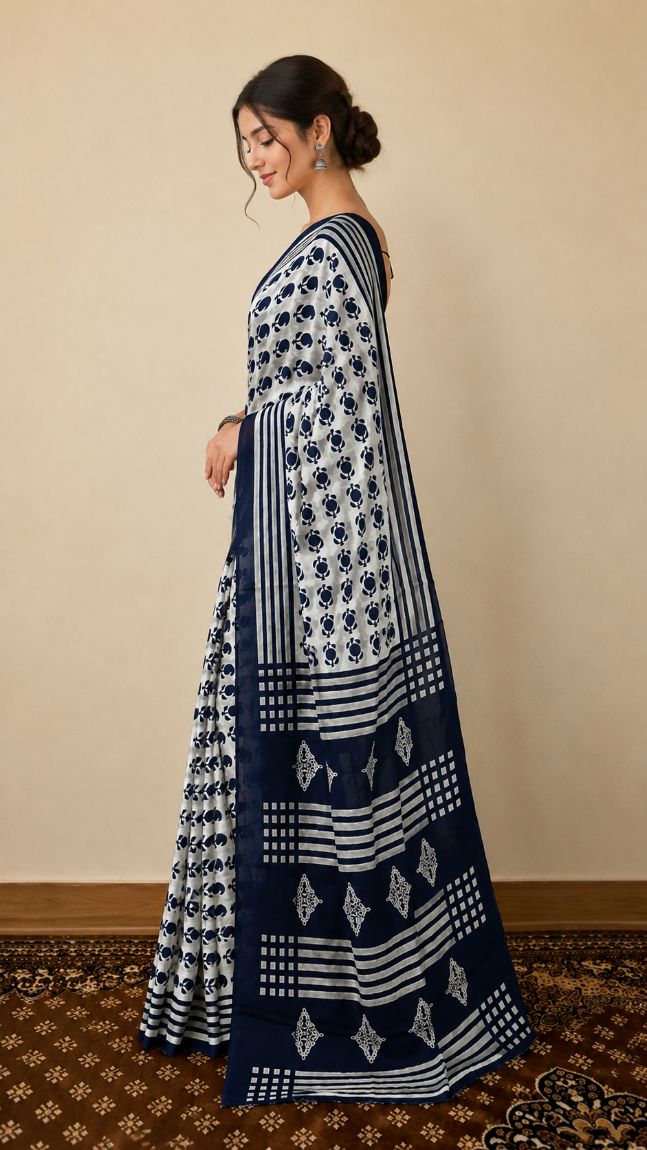 Cotton Classic Navy Block Saree – Timeless Artisanal Elegance (One Size)