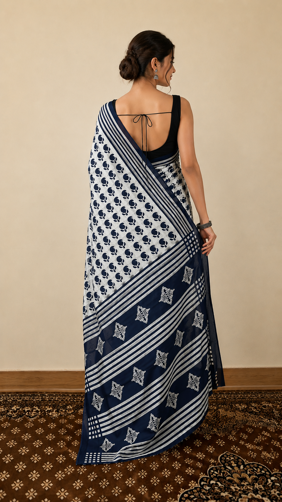 Cotton Classic Navy Block Saree – Timeless Artisanal Elegance (One Size)