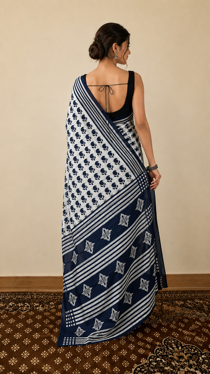 Cotton Classic Navy Block Saree – Timeless Artisanal Elegance (One Size)