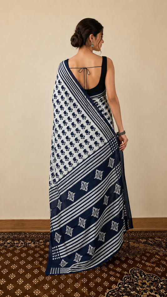 Cotton Classic Navy Block Saree – Timeless Artisanal Elegance (One Size)