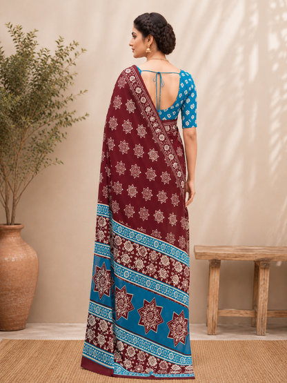 Cotton Classic Maroon Brown Saree – Timeless Earthy Elegance (One Size)