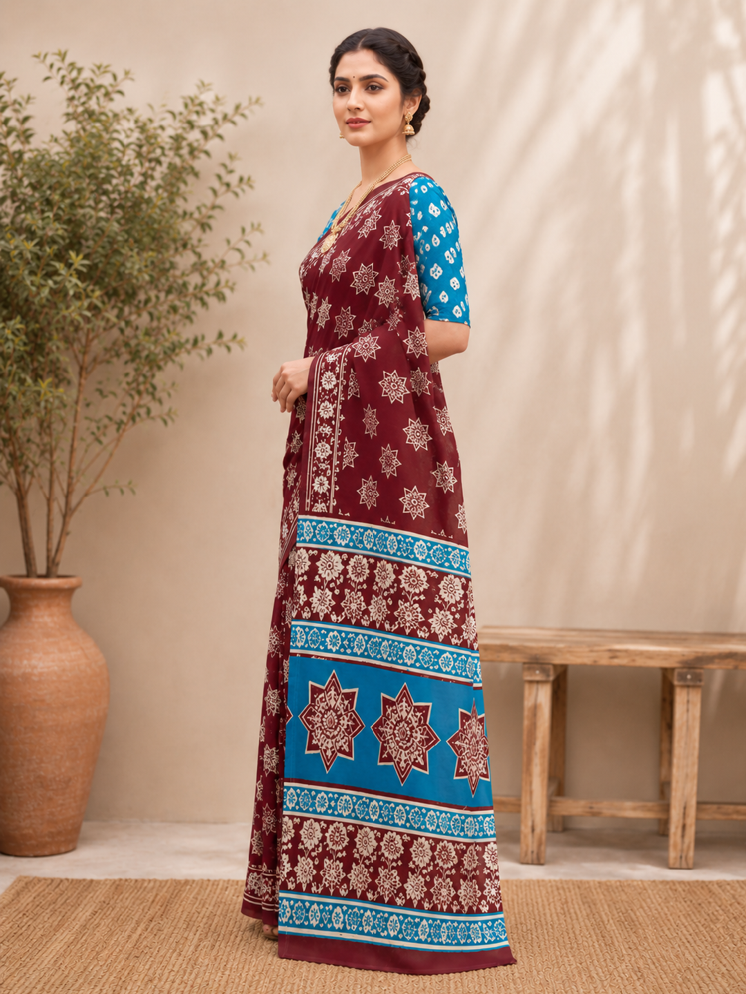 Cotton Classic Maroon Brown Saree – Timeless Earthy Elegance (One Size)