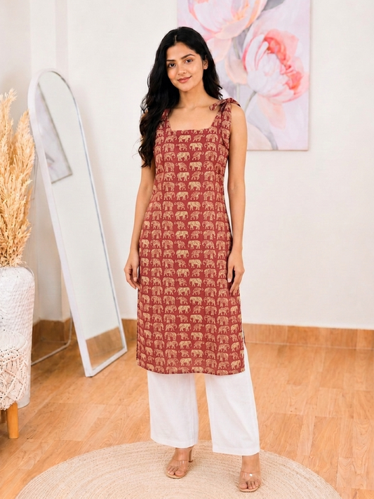 Cotton Rust Pink Pure Elephant Print Kurti – Artistic Cultural Charm (S–5XL)(Only Kurti)